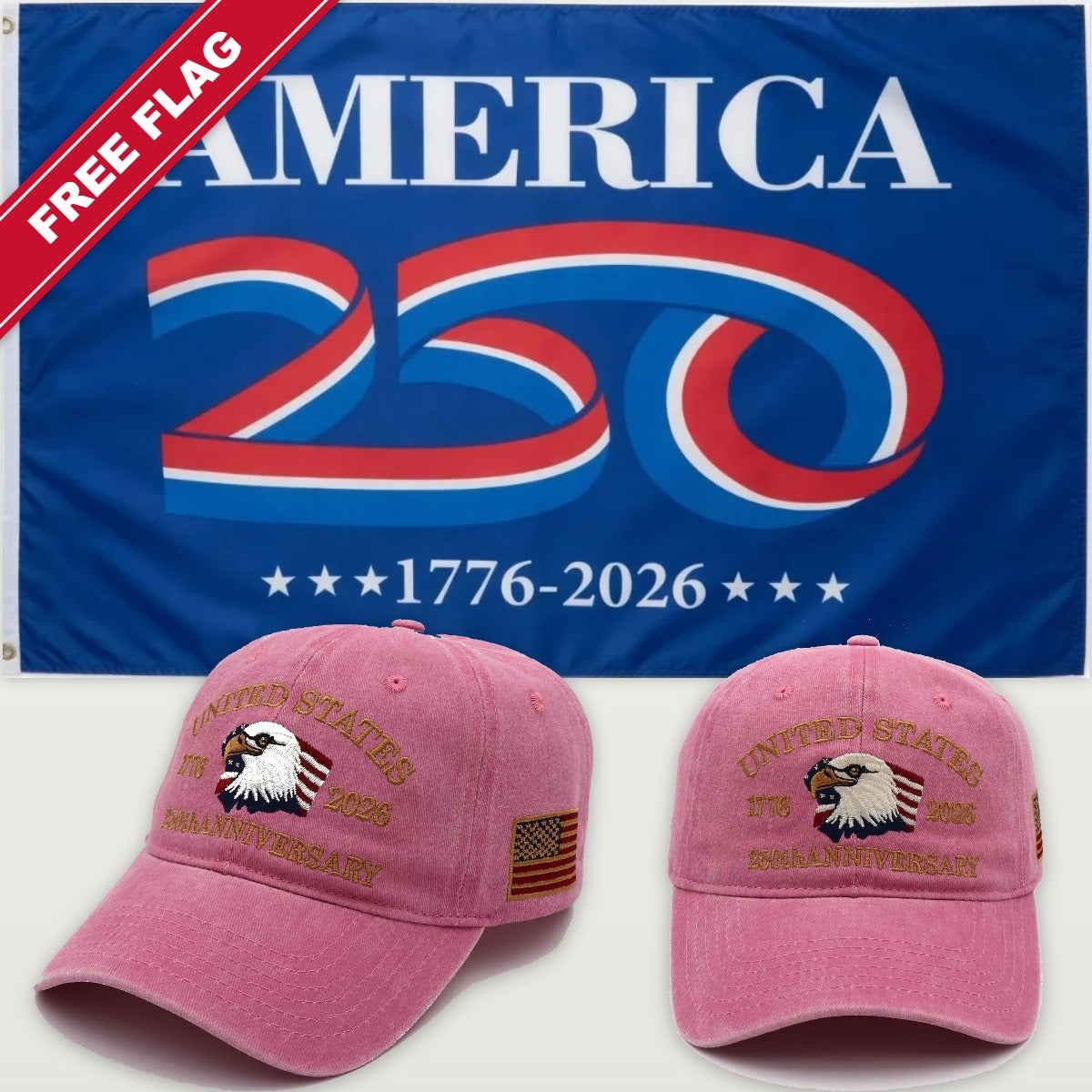 Pink Eagle Hat + America 250 Flag (Blue) - USA 250th Eagle Hat & Flag Bundle
