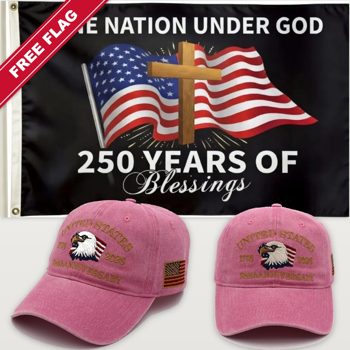 Pink Eagle Hat + One Nation Under God Flag - USA 250th Eagle Hat & Flag Bundle