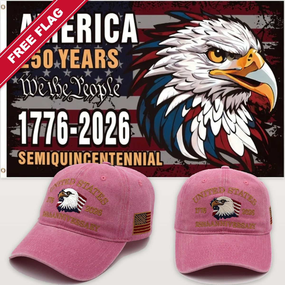 Pink Eagle Hat + Semiquincentennial Eagle Flag - USA 250th Eagle Hat & Flag Bundle