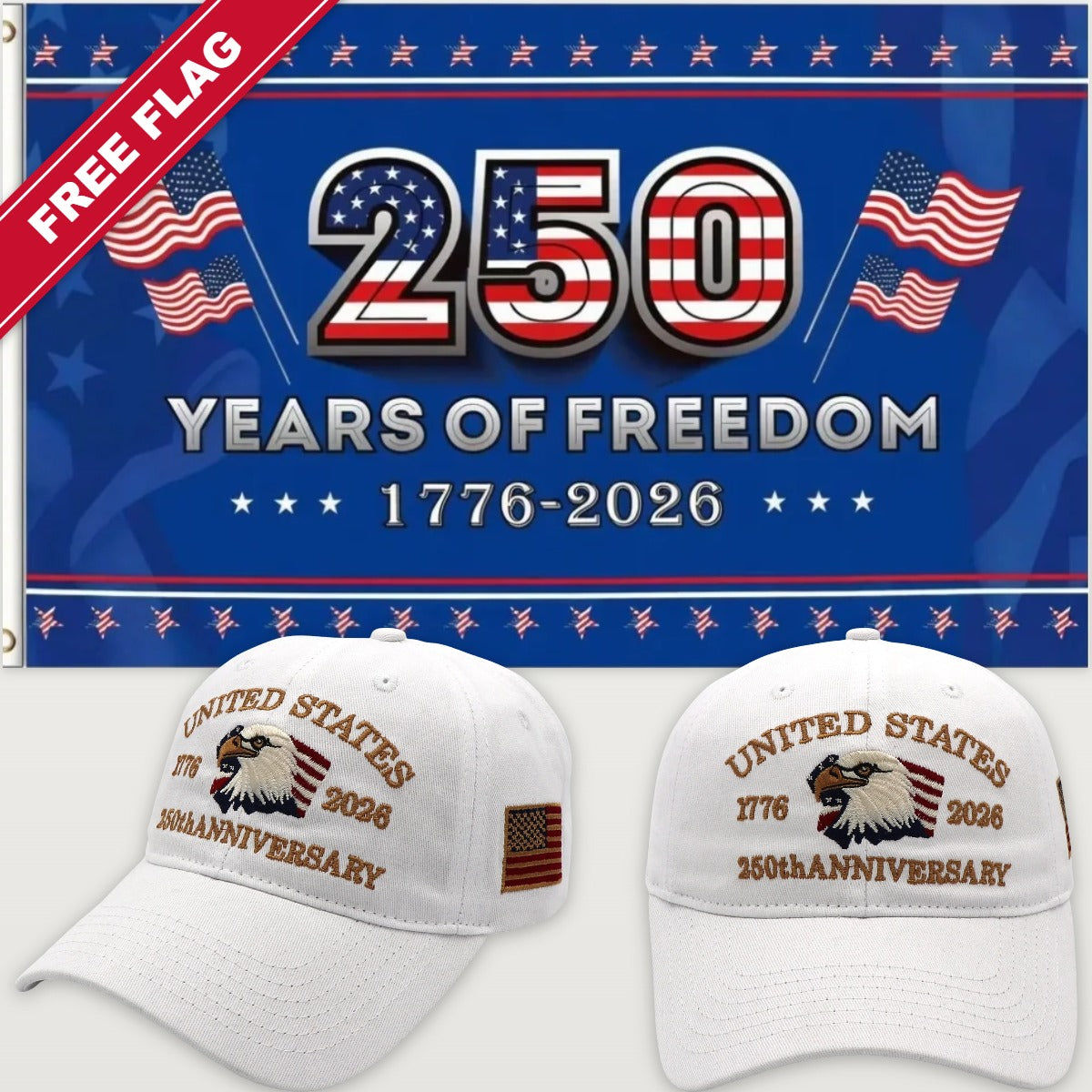 White Eagle Hat + 250 Years of Freedom Flag (Blue) - USA 250th Eagle Hat & Flag Bundle