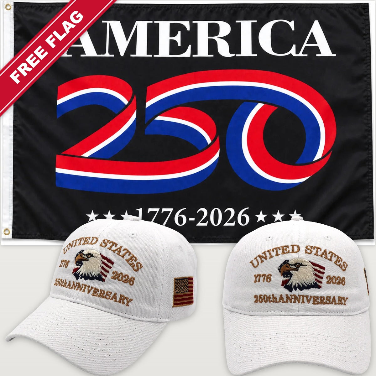 White Eagle Hat + America 250 Flag (Black) - USA 250th Eagle Hat & Flag Bundle