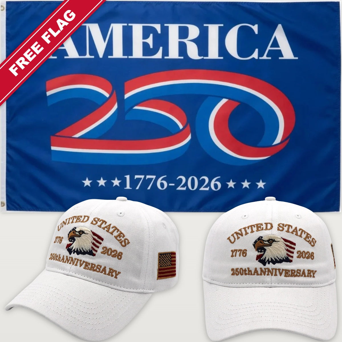 White Eagle Hat + America 250 Flag (Blue) - USA 250th Eagle Hat & Flag Bundle