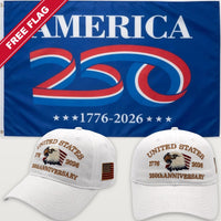 White Eagle Hat + America 250 Flag (Blue) - USA 250th Eagle Hat & Flag Bundle