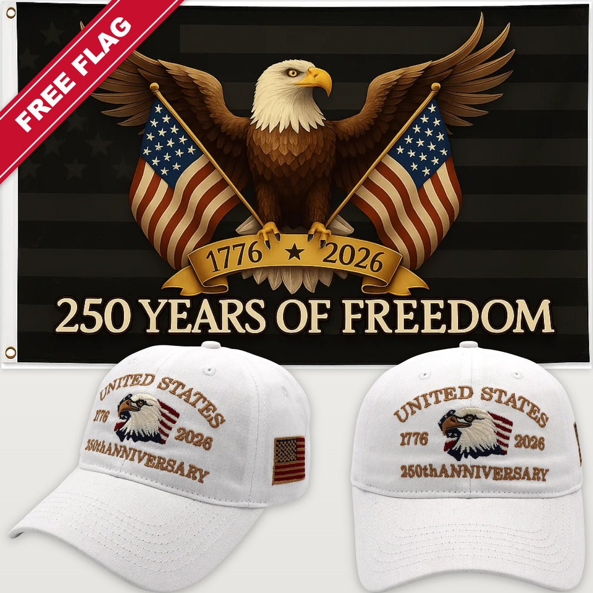 White Eagle Hat + Black Eagle 250 Years of Freedom Flag - USA 250th Eagle Hat & Flag Bundle