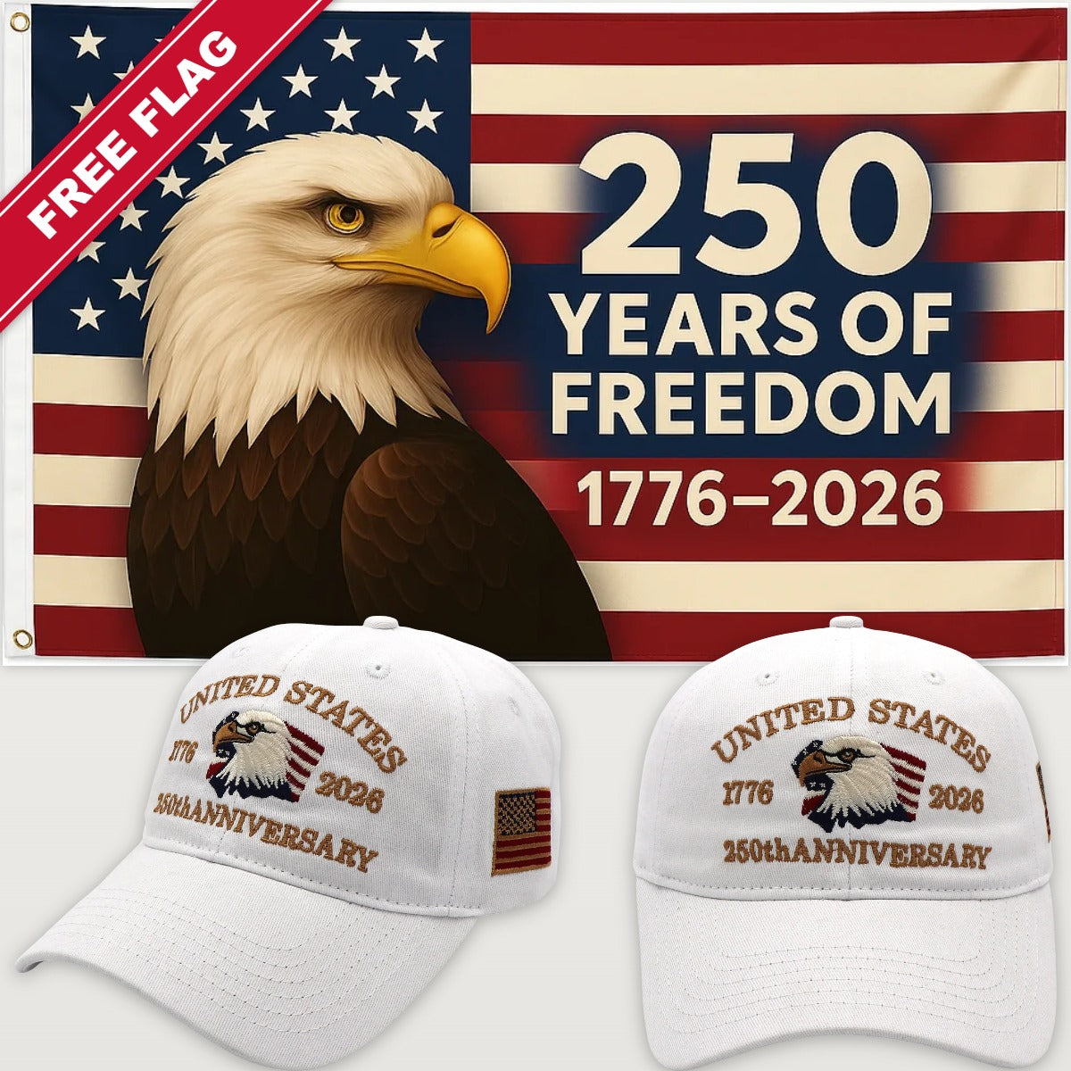 White Eagle Hat + Eagle 250 Years of Freedom Flag - USA 250th Eagle Hat & Flag Bundle