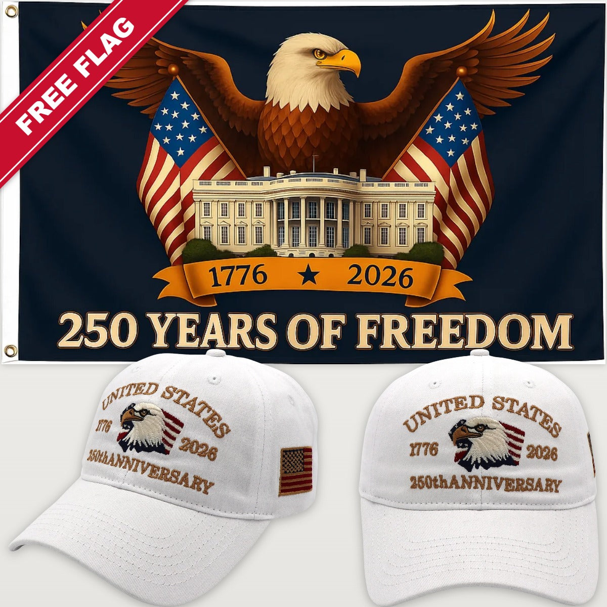 White Eagle Hat + Eagle & White House Flag - USA 250th Eagle Hat & Flag Bundle