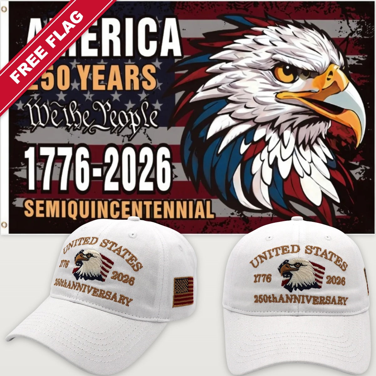 White Eagle Hat + Semiquincentennial Eagle Flag - USA 250th Eagle Hat & Flag Bundle