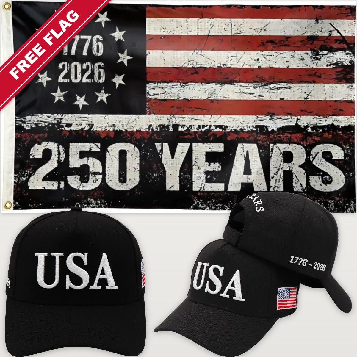 Black USA Hat + 250 Years Distressed Flag - USA 250th Hat & Flag Bundle