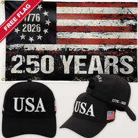 Black USA Hat + 250 Years Distressed Flag - USA 250th Hat & Flag Bundle
