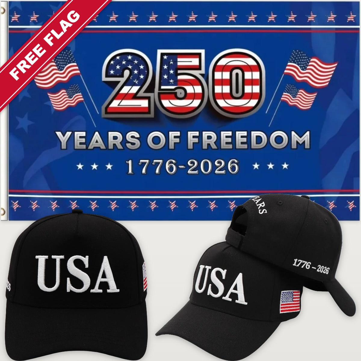 Black USA Hat + 250 Years of Freedom Flag (Blue) - USA 250th Hat & Flag Bundle