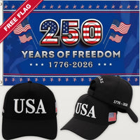 Black USA Hat + 250 Years of Freedom Flag (Blue) - USA 250th Hat & Flag Bundle