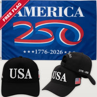 Black USA Hat + America 250 Flag (Blue) - USA 250th Hat & Flag Bundle