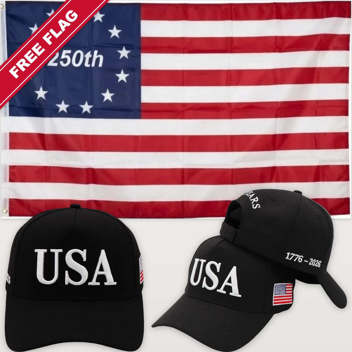 Black USA Hat + Betsy Ross 250th Flag - USA 250th Hat & Flag Bundle