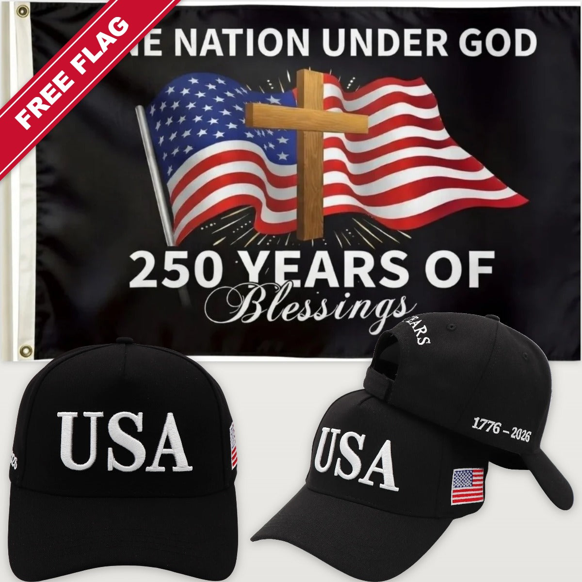 Black USA Hat + One Nation Under God Flag - USA 250th Hat & Flag Bundle