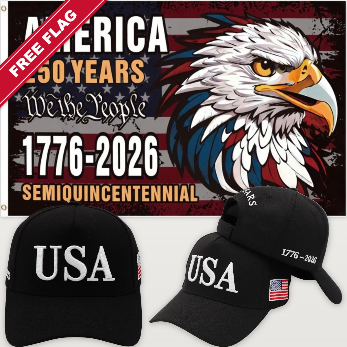 Black USA Hat + Semiquincentennial Eagle Flag - USA 250th Hat & Flag Bundle