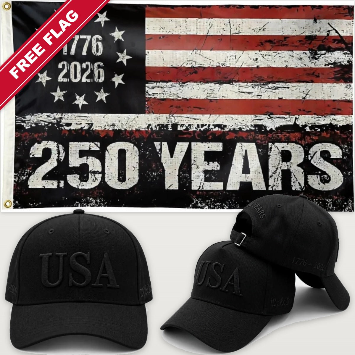 Blacked Out USA Hat + 250 Years Distressed Flag - USA 250th Hat & Flag Bundle