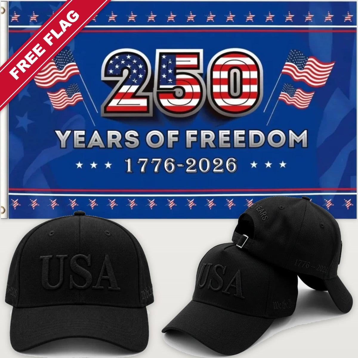 Blacked Out USA Hat + 250 Years of Freedom Flag (Blue) - USA 250th Hat & Flag Bundle
