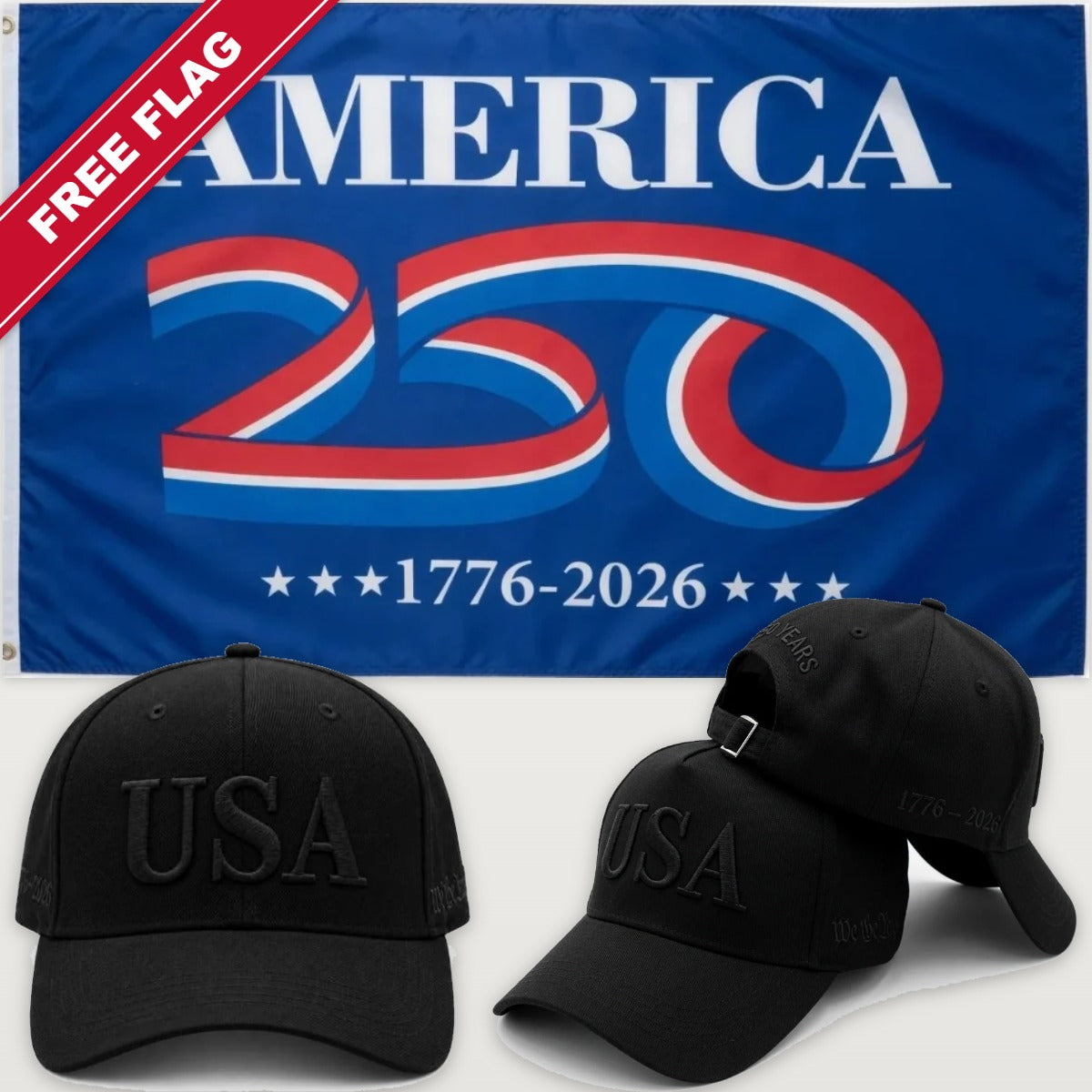 Blacked Out USA Hat + America 250 Flag (Blue) - USA 250th Hat & Flag Bundle