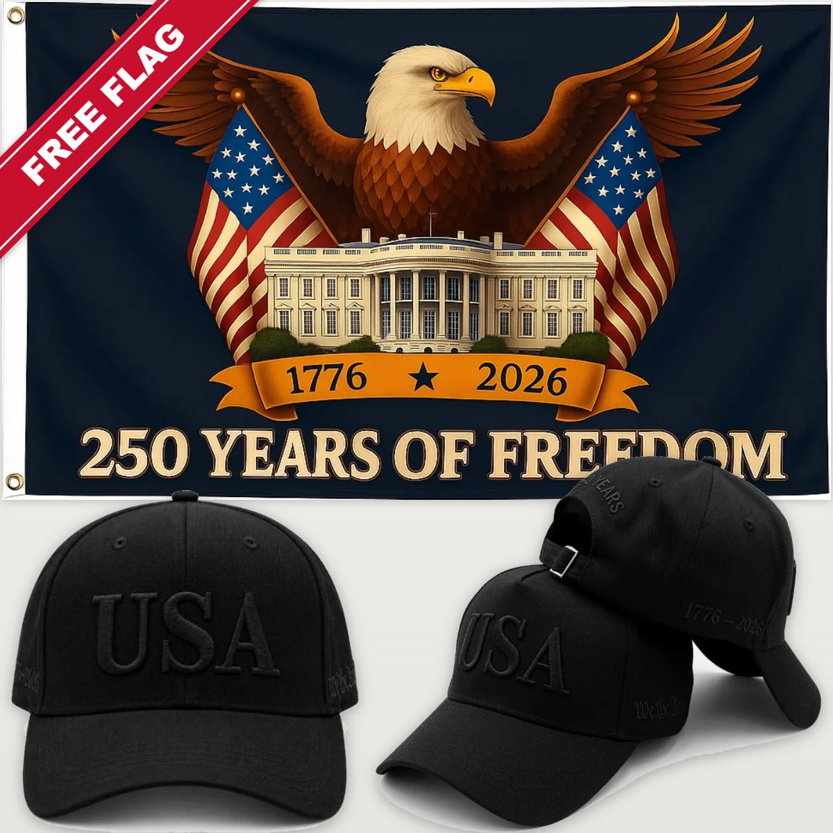 Blacked Out USA Hat + Eagle & White House Flag - USA 250th Hat & Flag Bundle