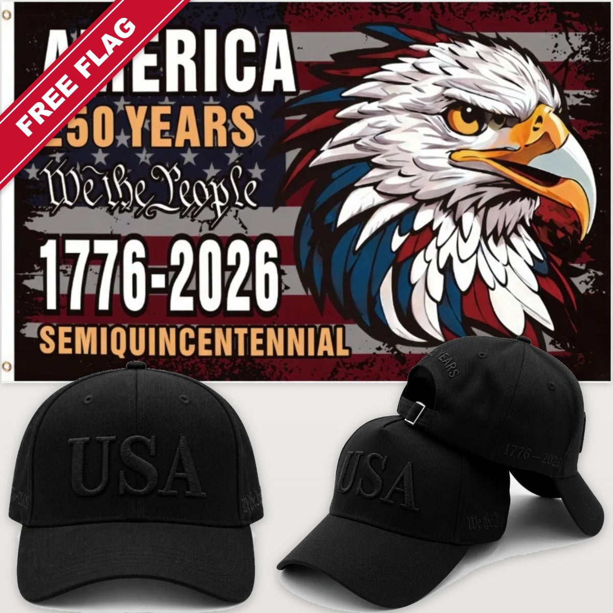Blacked Out USA Hat + Semiquincentennial Eagle Flag - USA 250th Hat & Flag Bundle