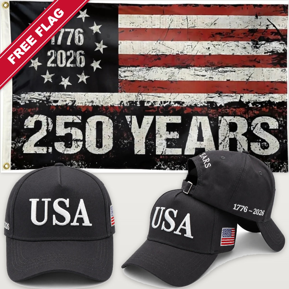 Distressed Charcoal USA Hat + 250 Years Distressed Flag - USA 250th Hat & Flag Bundle