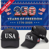 Distressed Charcoal USA Hat + 250 Years of Freedom Flag (Blue) - USA 250th Hat & Flag Bundle