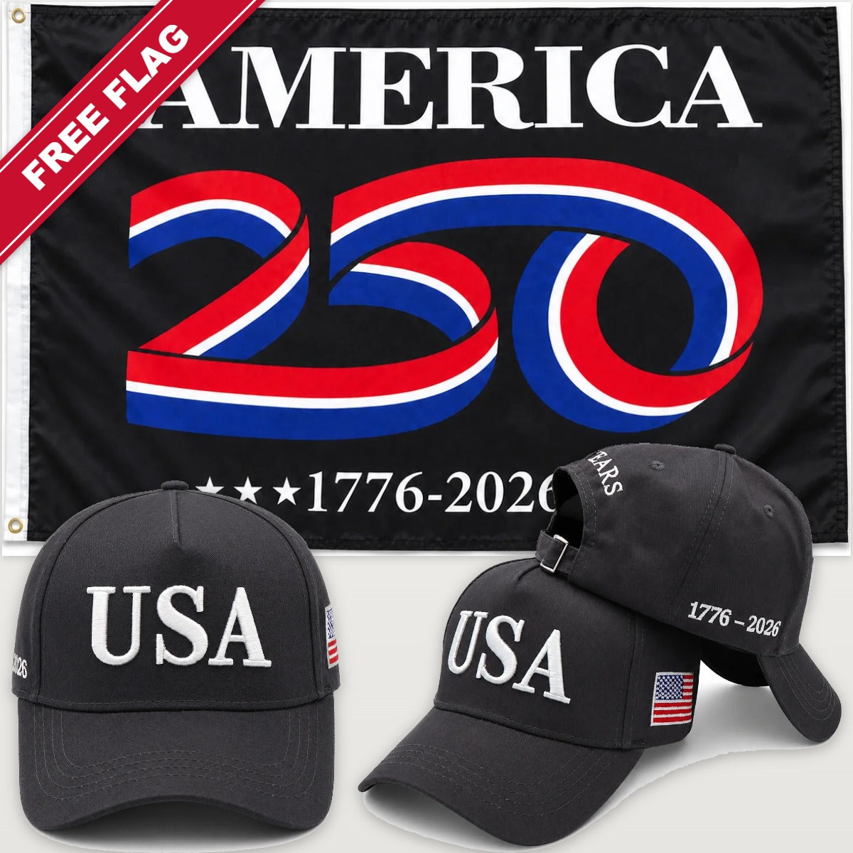 Distressed Charcoal USA Hat + America 250 Flag (Black) - USA 250th Hat & Flag Bundle