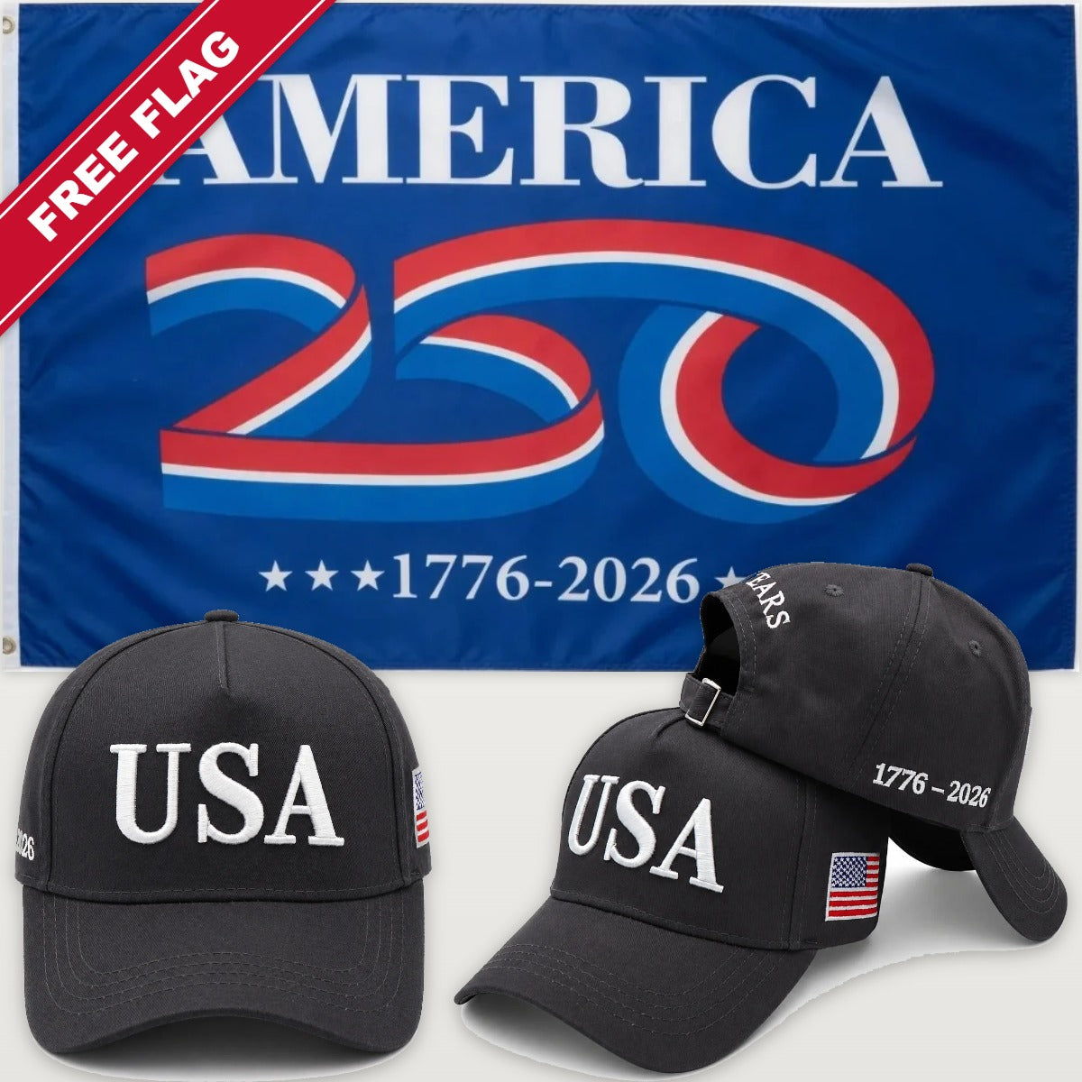 Distressed Charcoal USA Hat + America 250 Flag (Blue) - USA 250th Hat & Flag Bundle