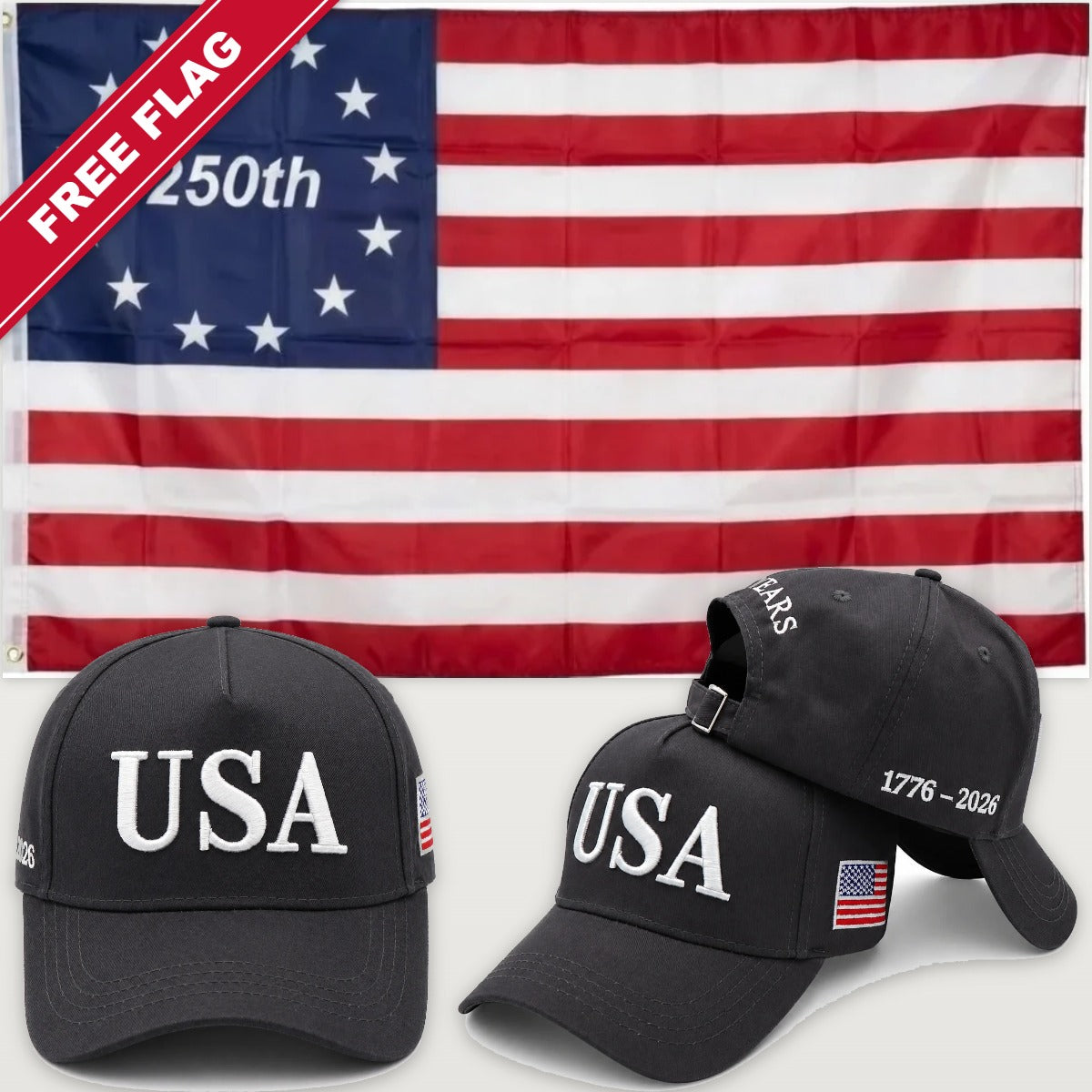 Distressed Charcoal USA Hat + Betsy Ross 250th Flag - USA 250th Hat & Flag Bundle