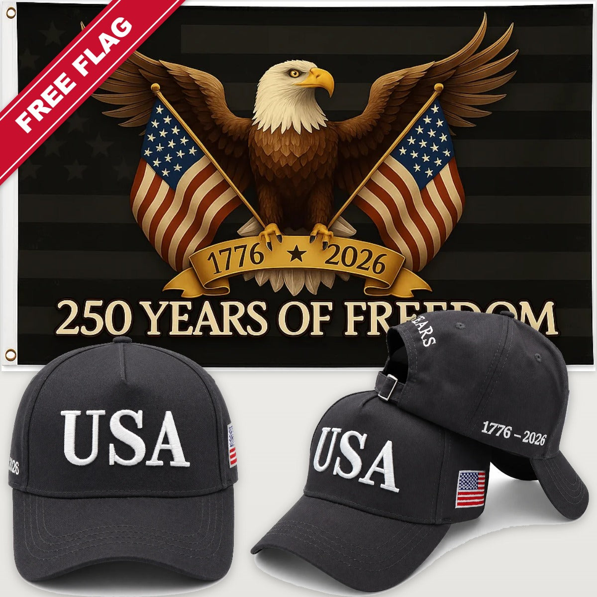 Distressed Charcoal USA Hat + Black Eagle 250 Years of Freedom Flag - USA 250th Hat & Flag Bundle