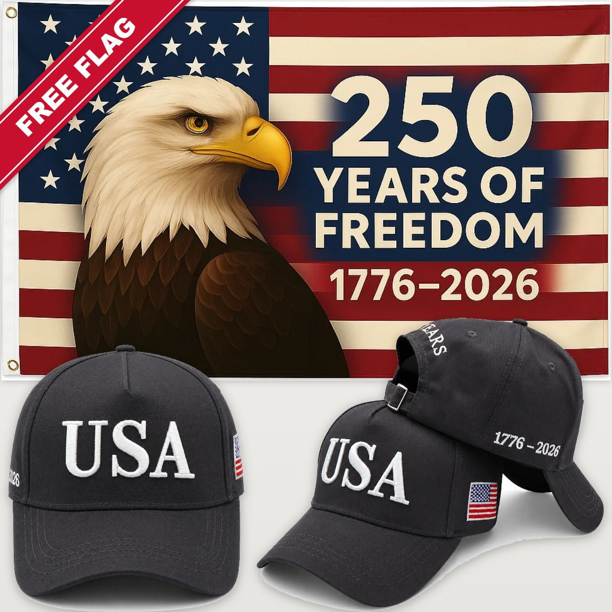 Distressed Charcoal USA Hat + Eagle 250 Years of Freedom Flag - USA 250th Hat & Flag Bundle