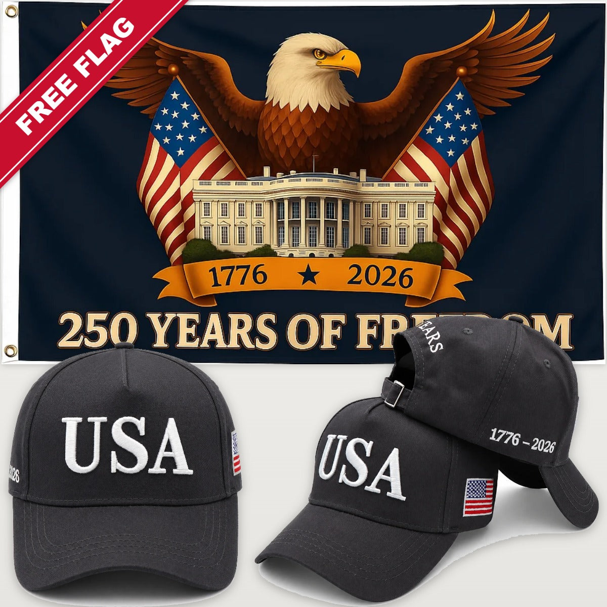 Distressed Charcoal USA Hat + Eagle & White House Flag - USA 250th Hat & Flag Bundle