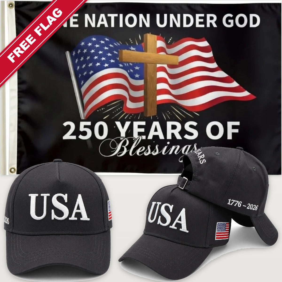 Distressed Charcoal USA Hat + One Nation Under God Flag - USA 250th Hat & Flag Bundle