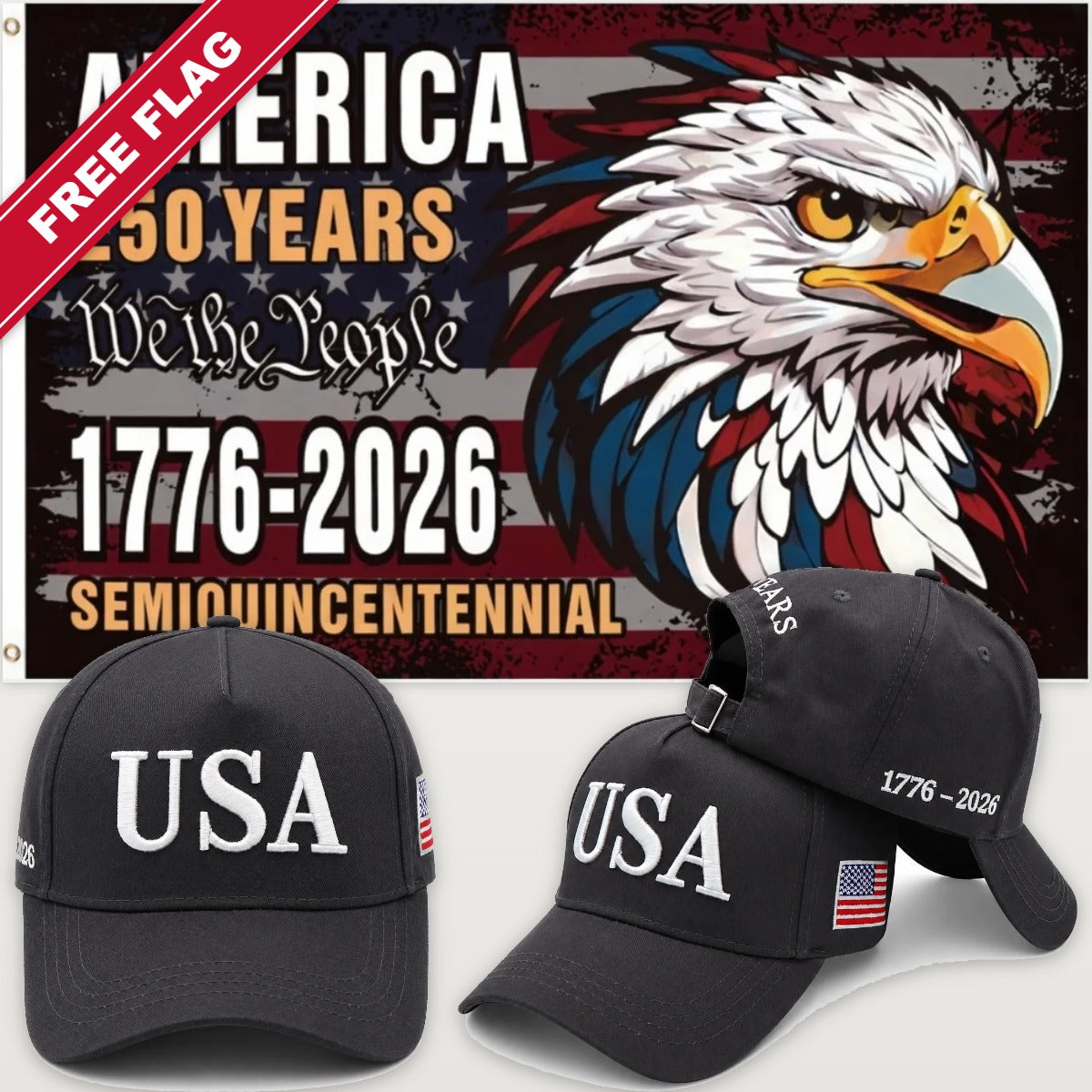 Distressed Charcoal USA Hat + Semiquincentennial Eagle Flag - USA 250th Hat & Flag Bundle