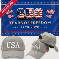 Light Gray USA Hat + 250 Years of Freedom Flag (Blue) - USA 250th Hat & Flag Bundle