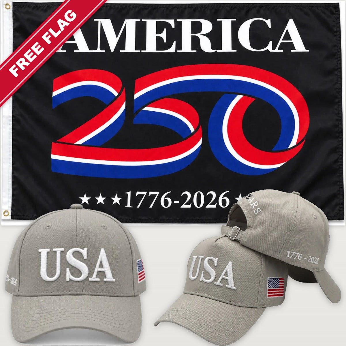 Light Gray USA Hat + America 250 Flag (Black) - USA 250th Hat & Flag Bundle