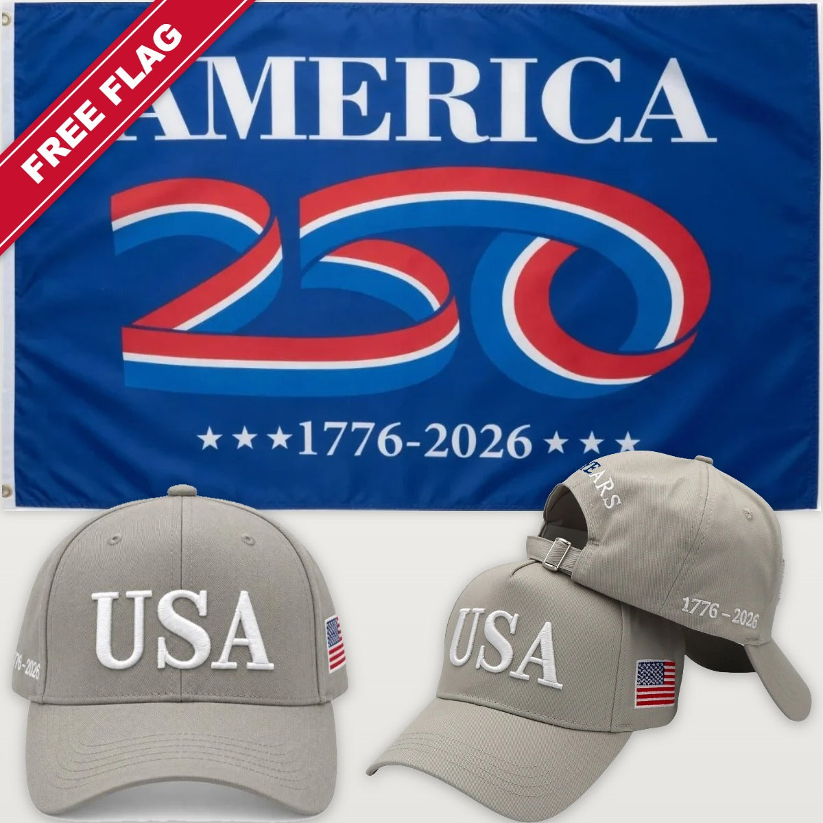 Light Gray USA Hat + America 250 Flag (Blue) - USA 250th Hat & Flag Bundle