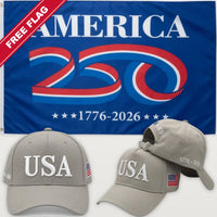 Light Gray USA Hat + America 250 Flag (Blue) - USA 250th Hat & Flag Bundle