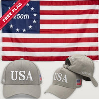 Light Gray USA Hat + Betsy Ross 250th Flag - USA 250th Hat & Flag Bundle