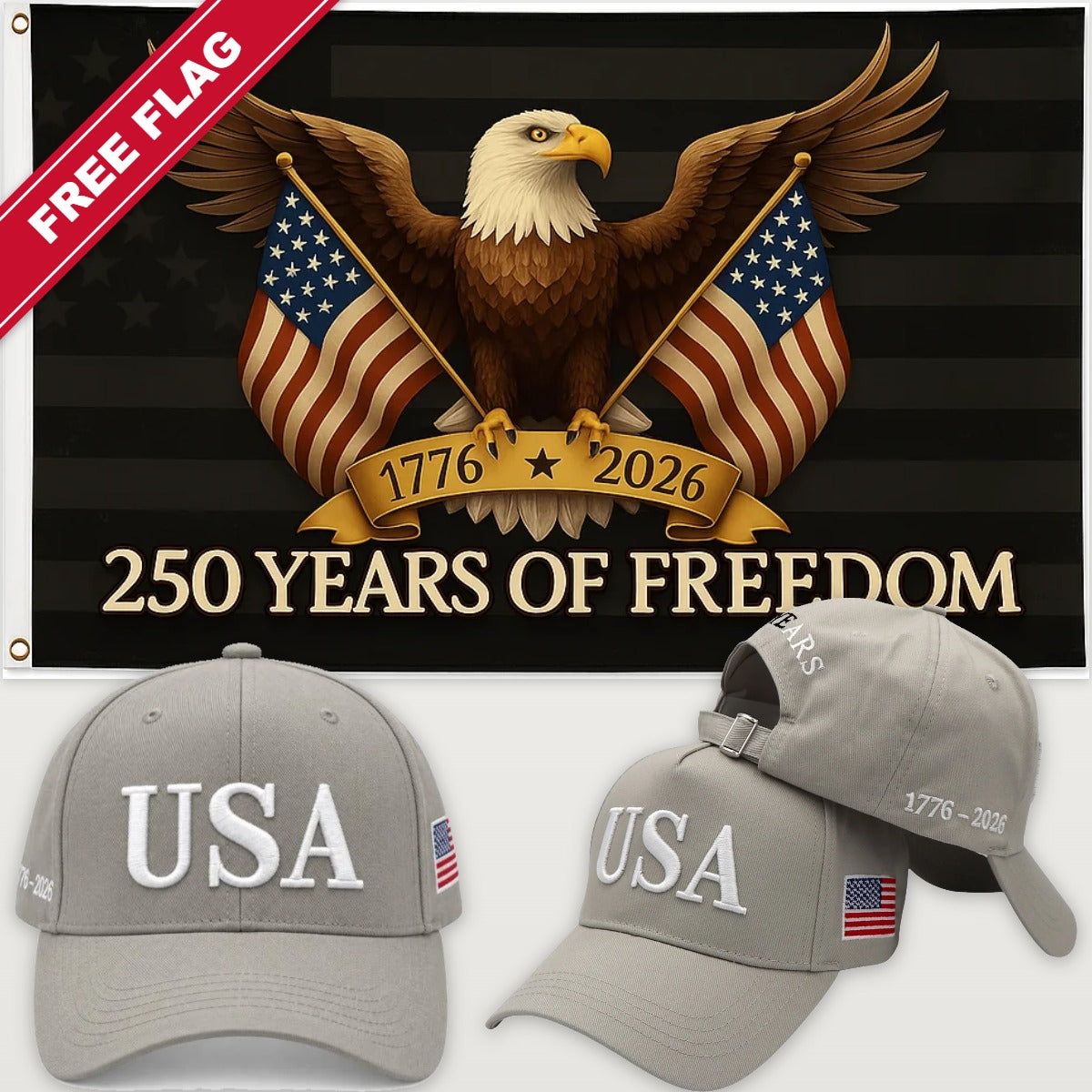Light Gray USA Hat + Black Eagle 250 Years of Freedom Flag - USA 250th Hat & Flag Bundle
