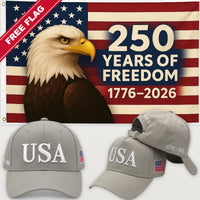 Light Gray USA Hat + Eagle 250 Years of Freedom Flag - USA 250th Hat & Flag Bundle