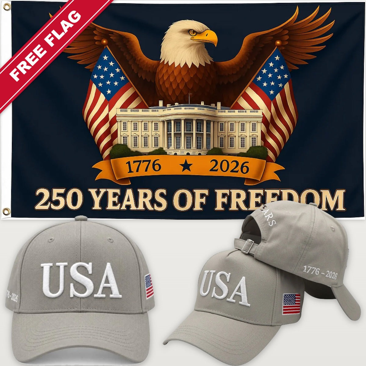 Light Gray USA Hat + Eagle & White House Flag - USA 250th Hat & Flag Bundle