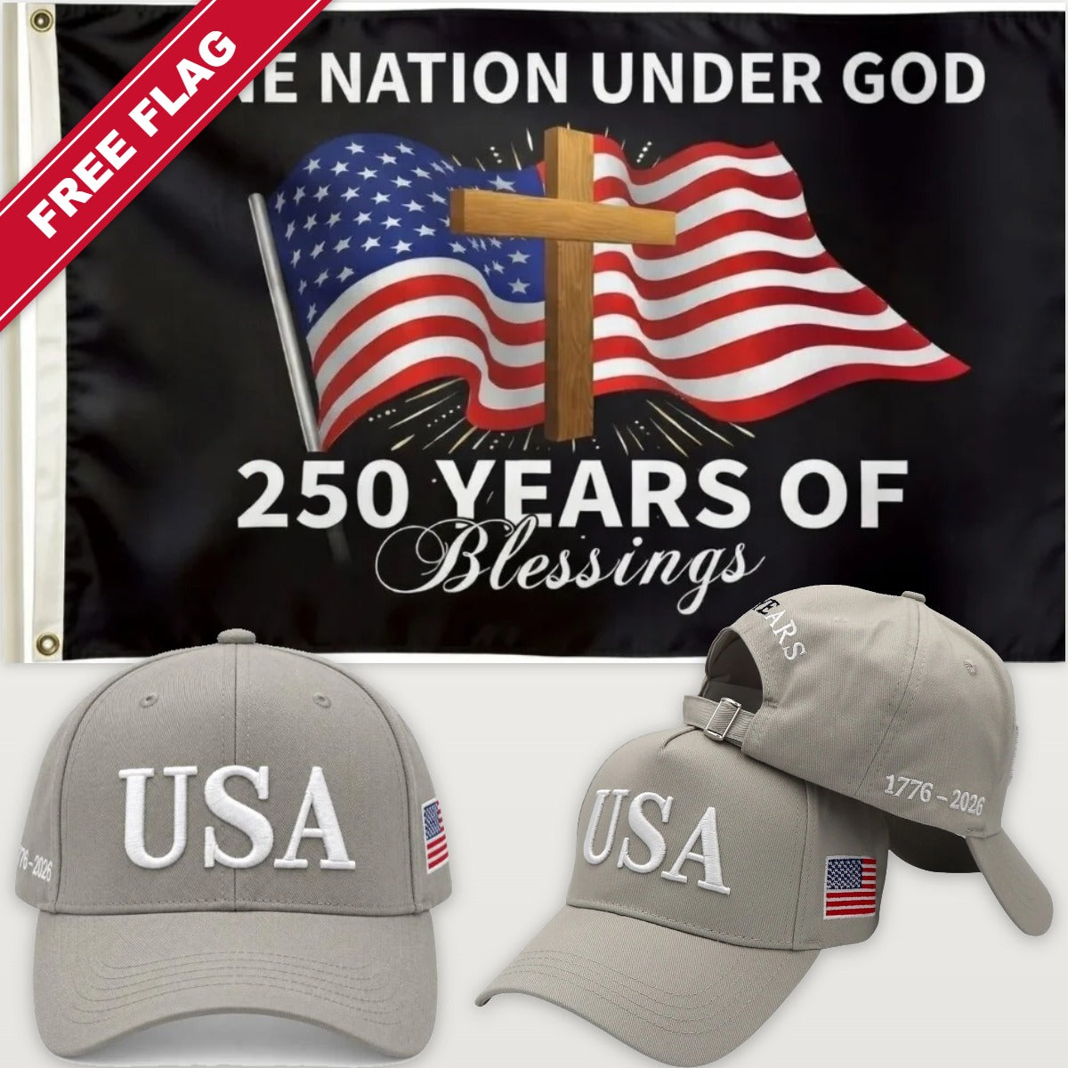 Light Gray USA Hat + One Nation Under God Flag - USA 250th Hat & Flag Bundle