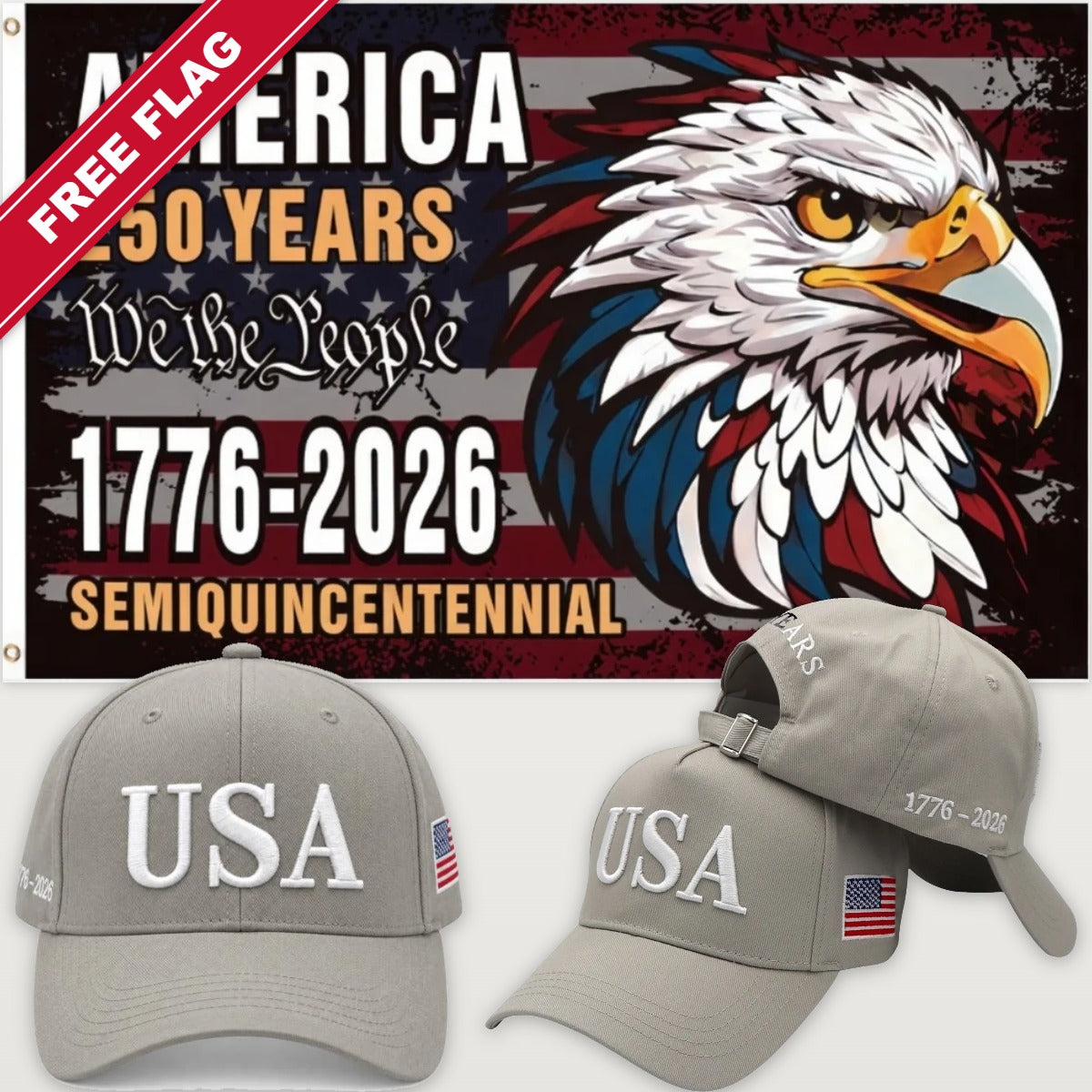 Light Gray USA Hat + Semiquincentennial Eagle Flag - USA 250th Hat & Flag Bundle