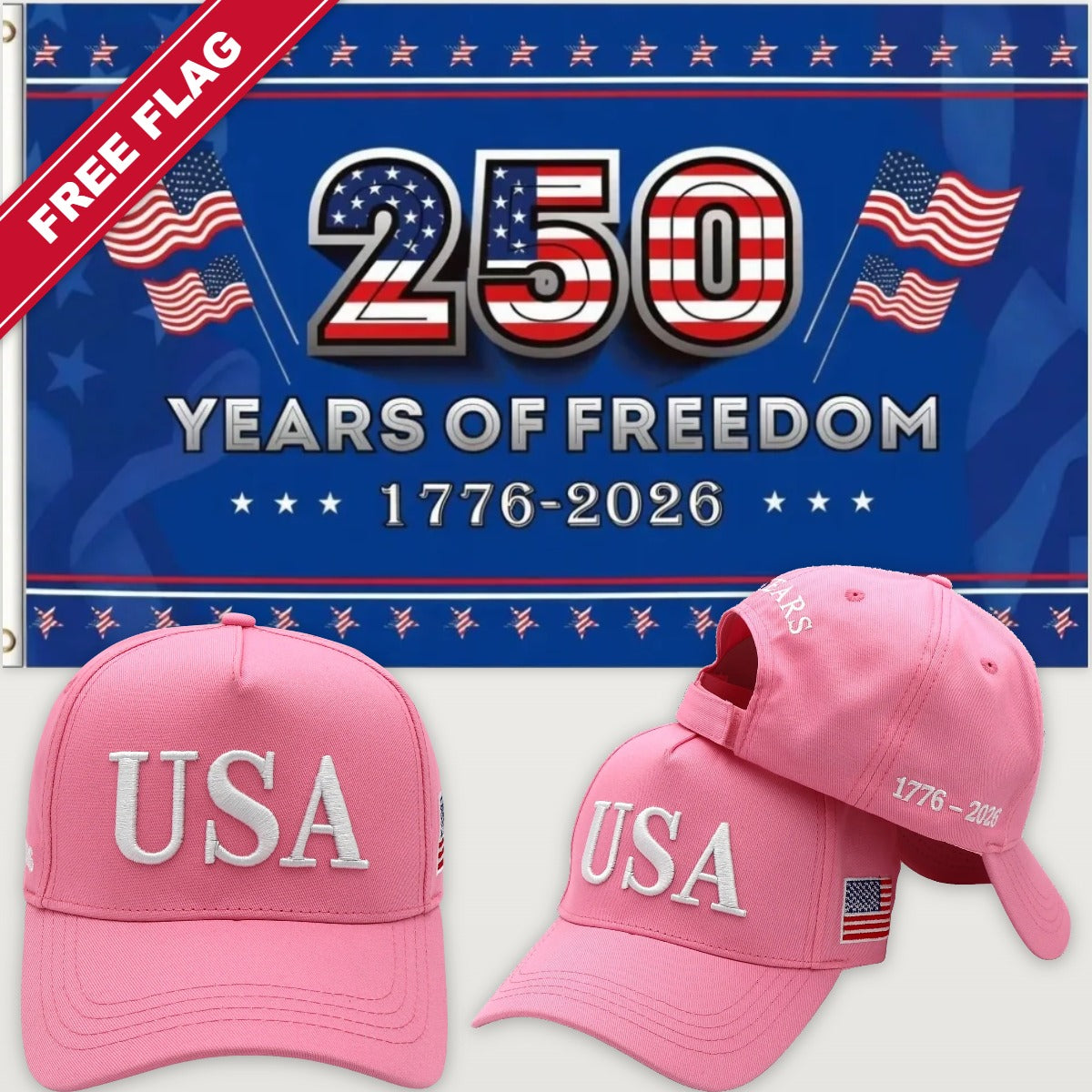 Pink USA Hat + 250 Years of Freedom Flag (Blue) - USA 250th Hat & Flag Bundle