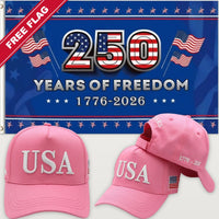 Pink USA Hat + 250 Years of Freedom Flag (Blue) - USA 250th Hat & Flag Bundle