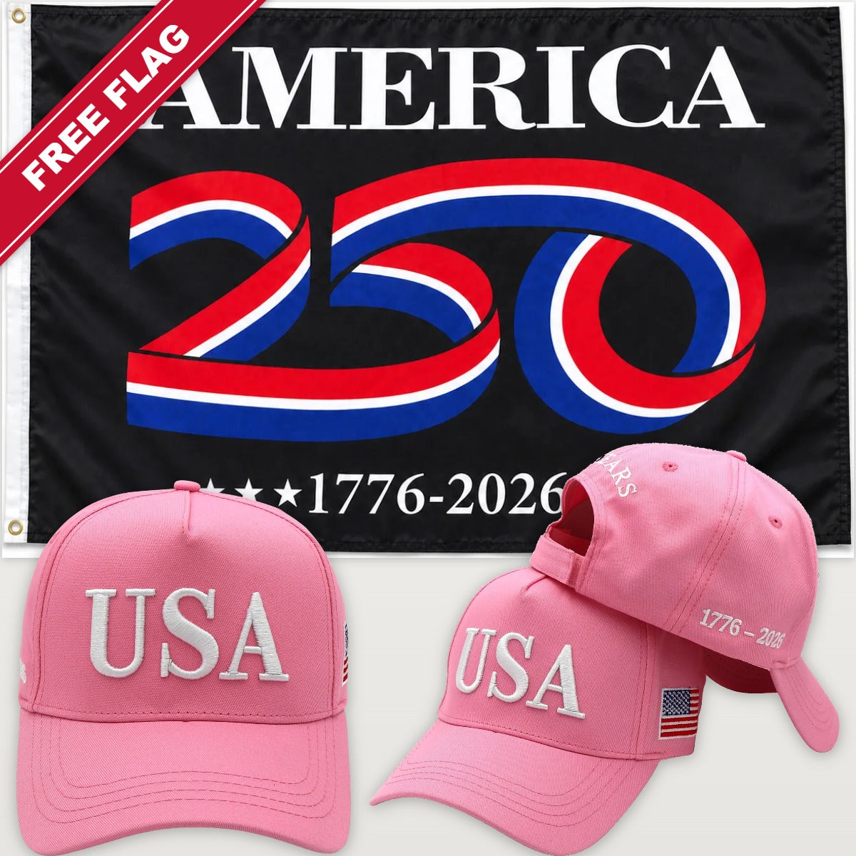Pink USA Hat + America 250 Flag (Black) - USA 250th Hat & Flag Bundle