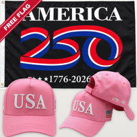 Pink USA Hat + America 250 Flag (Black) - USA 250th Hat & Flag Bundle