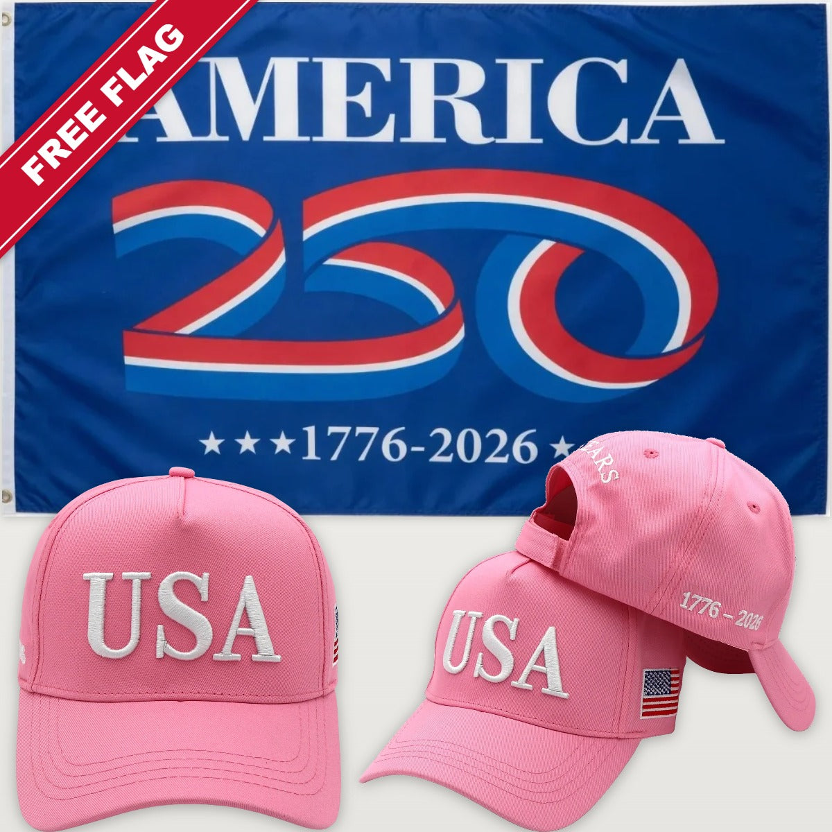 Pink USA Hat + America 250 Flag (Blue) - USA 250th Hat & Flag Bundle