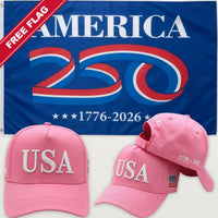 Pink USA Hat + America 250 Flag (Blue) - USA 250th Hat & Flag Bundle